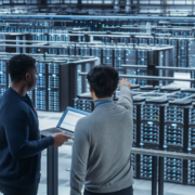 Two tech employees look over a room over computer servers.